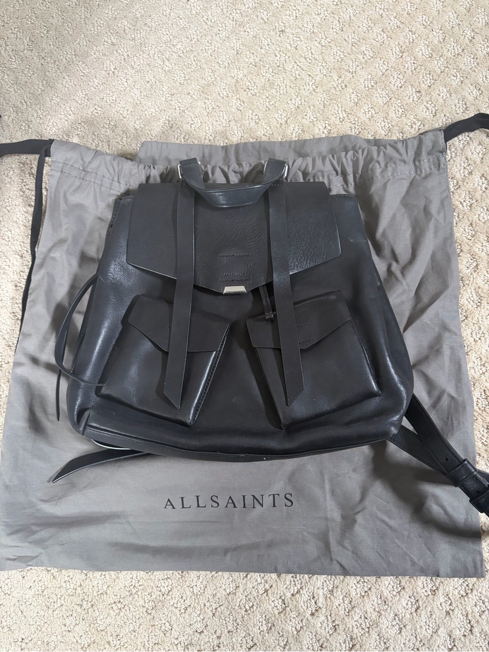 All Saints Black Leather Buckle-Front Backpack